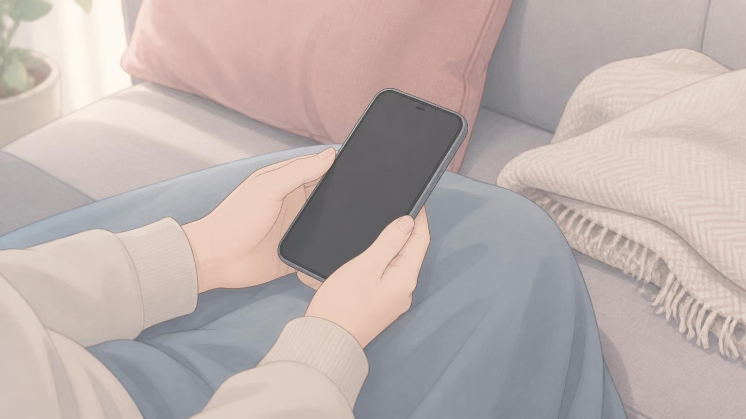 言いかけた言葉を飲み込むように、スマートフォンを持つ手元を描いたイラスト