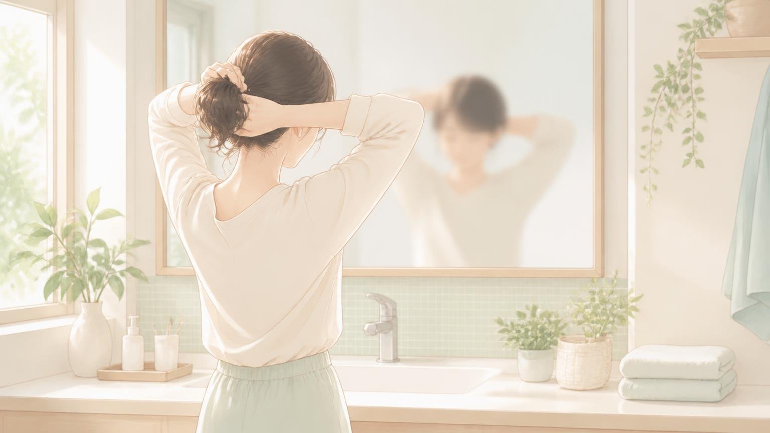 洗面台で自分の身支度を整える女性の後ろ姿のイラスト