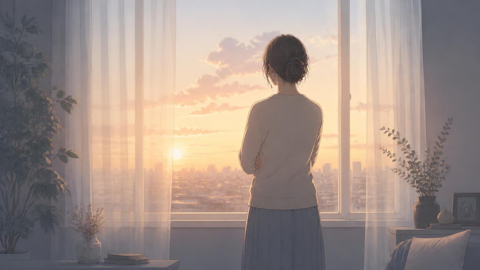 窓の外を見つめて静かに考え込む女性の後ろ姿のイラスト
