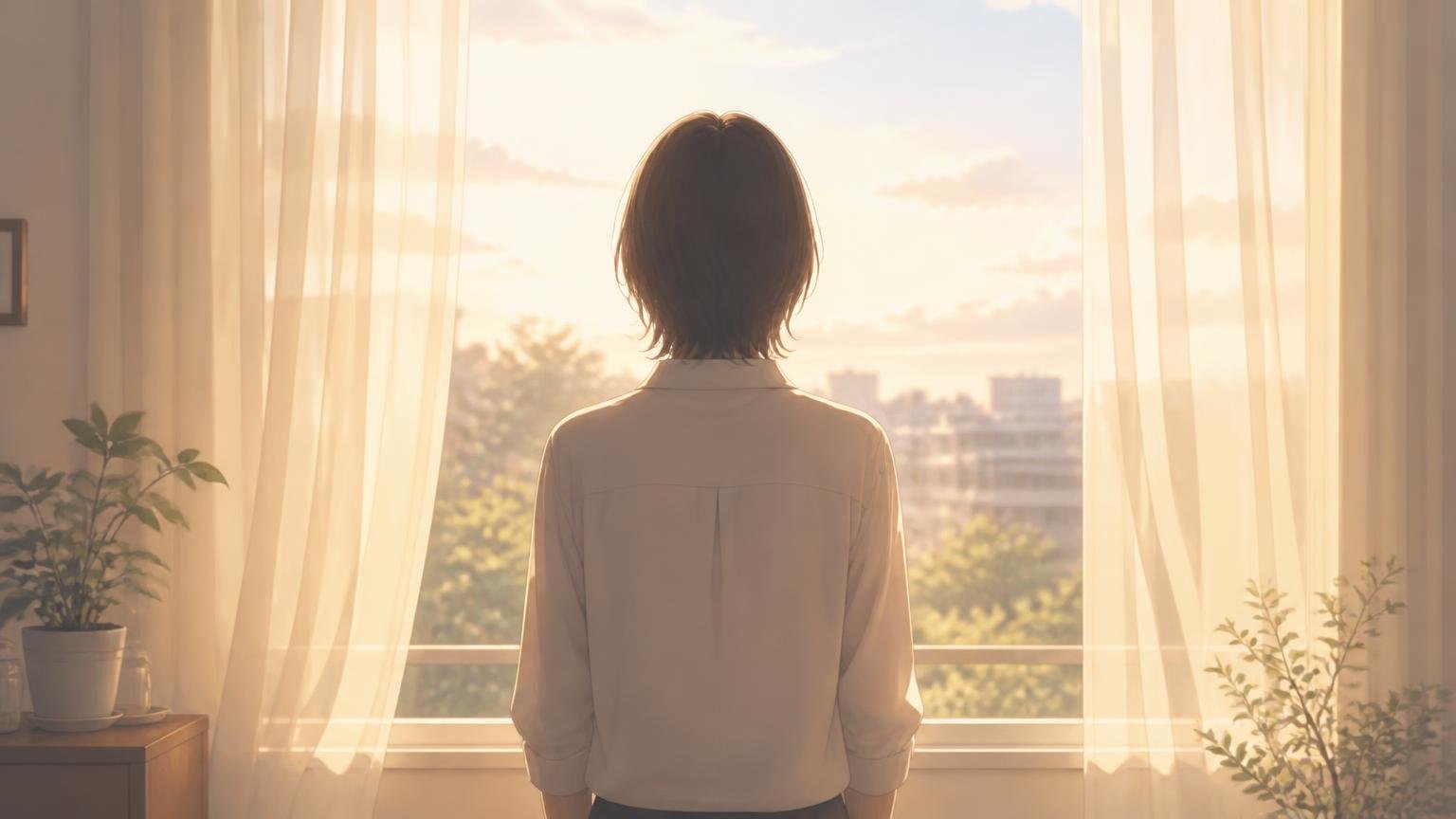 夕方の窓辺で外を見つめる人物の後ろ姿のイラスト