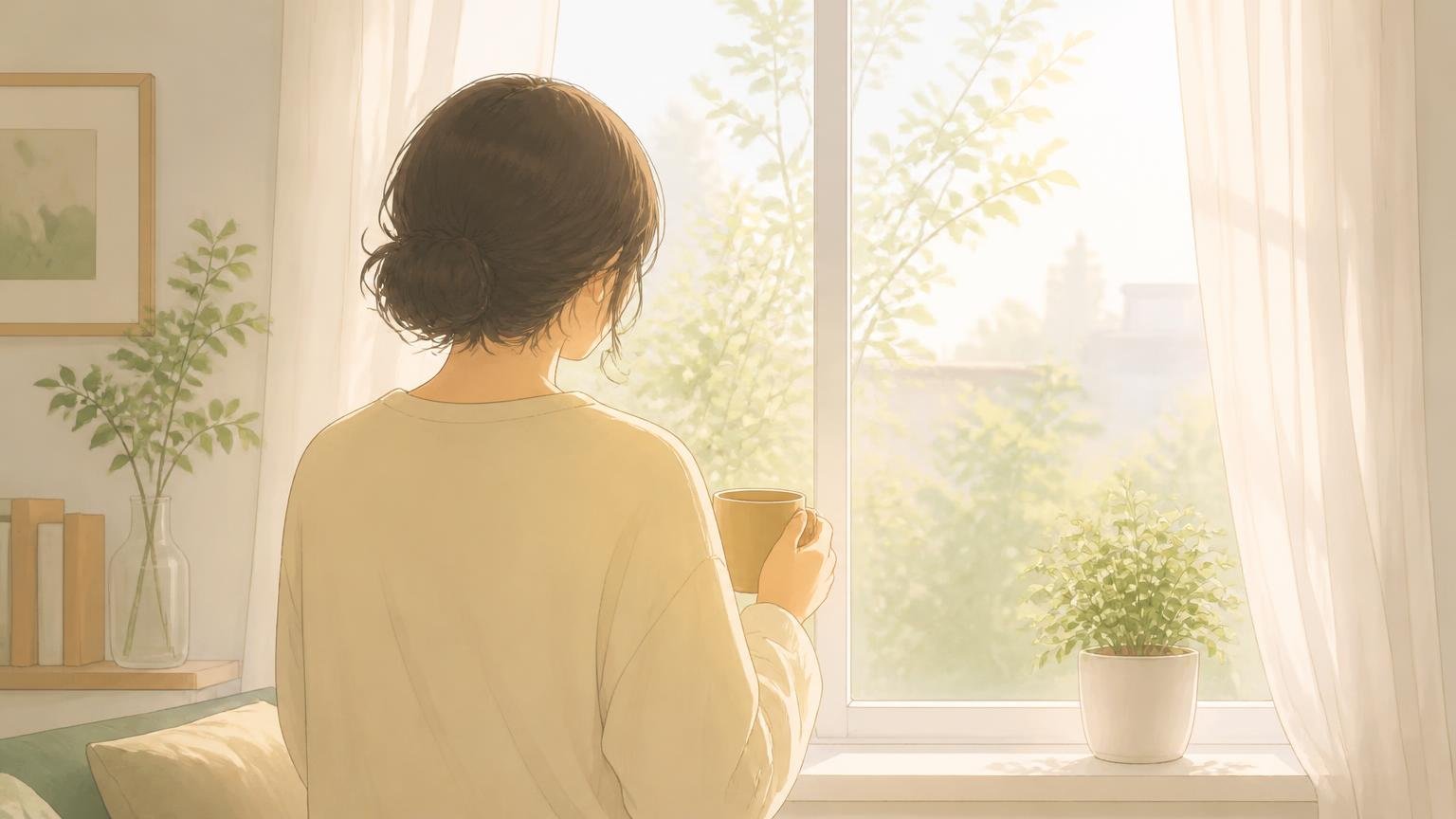 窓辺で一息つく人物の後ろ姿の穏やかな情景イラスト