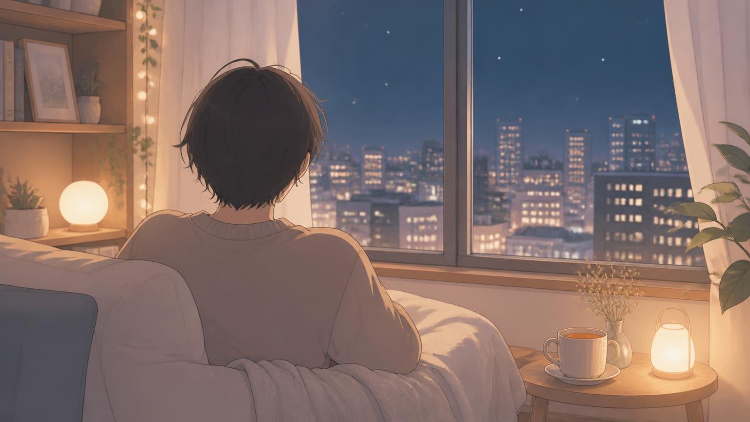 夜に一人で静かに気持ちを整理している後ろ姿を描いた穏やかな情景イラスト