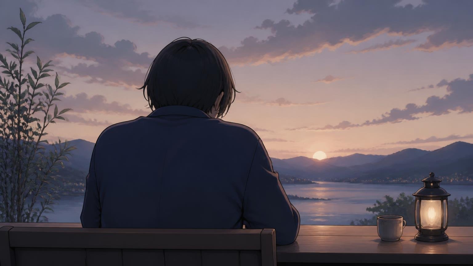 一人で静かに考え込む人物の後ろ姿の情景イラスト
