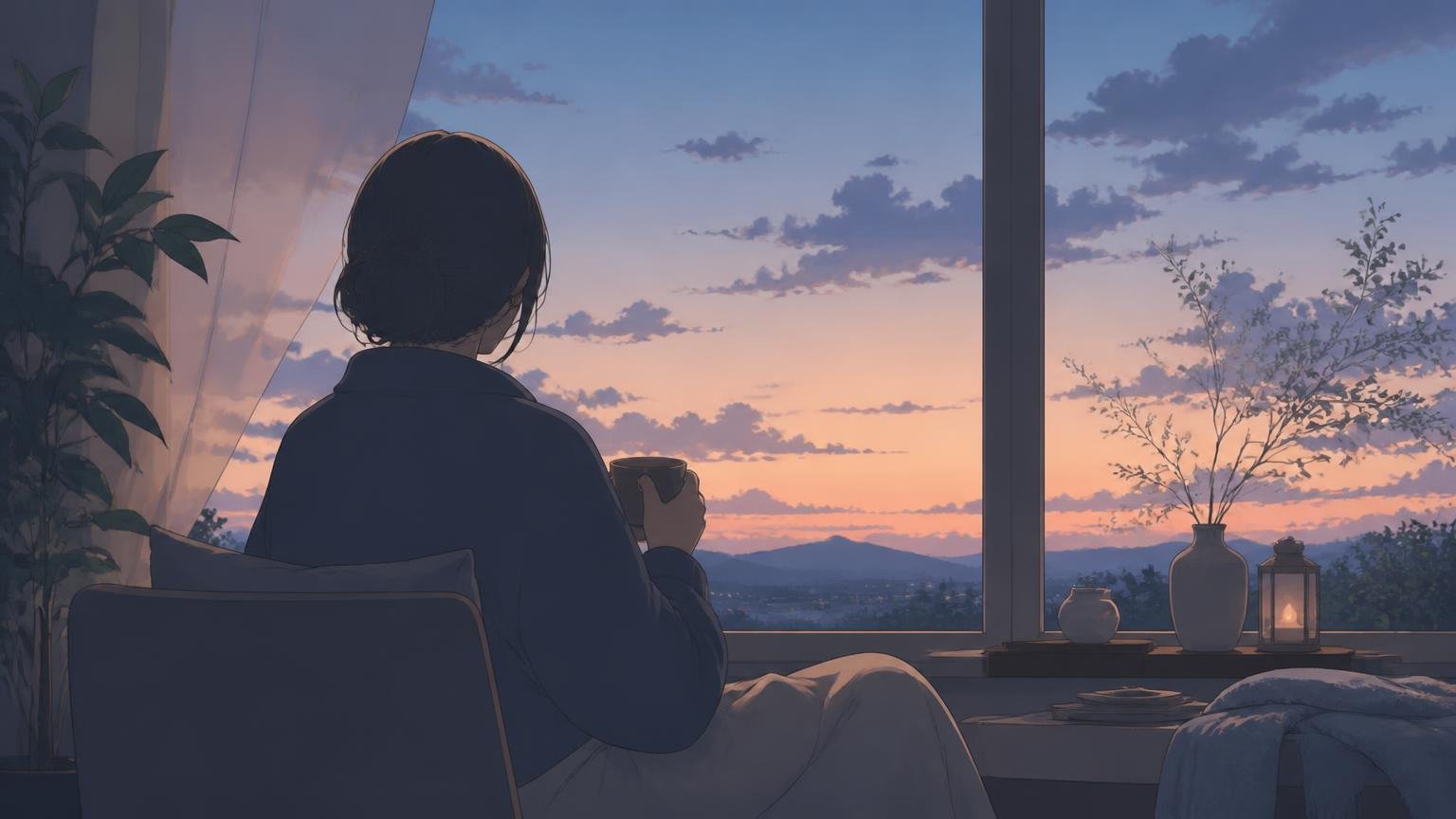 窓辺で一人静かに考え込む人物の後ろ姿の情景イラスト
