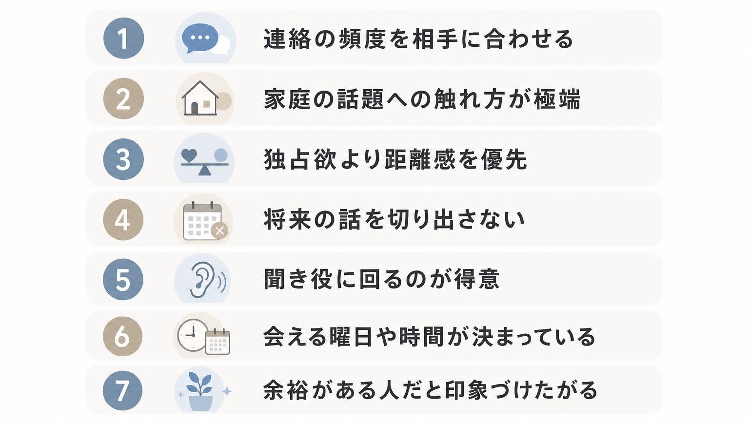 既婚者と付き合う男性に多い7つの特徴を縦一列に並べた図解