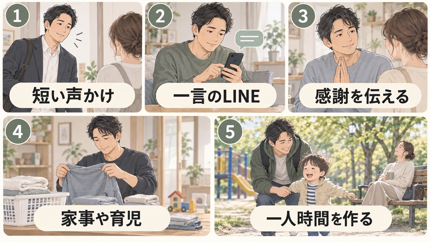 夫からできる5つの行動:短い声かけ、一言のLINE、感謝を伝える、家事や育児、一人時間を作る