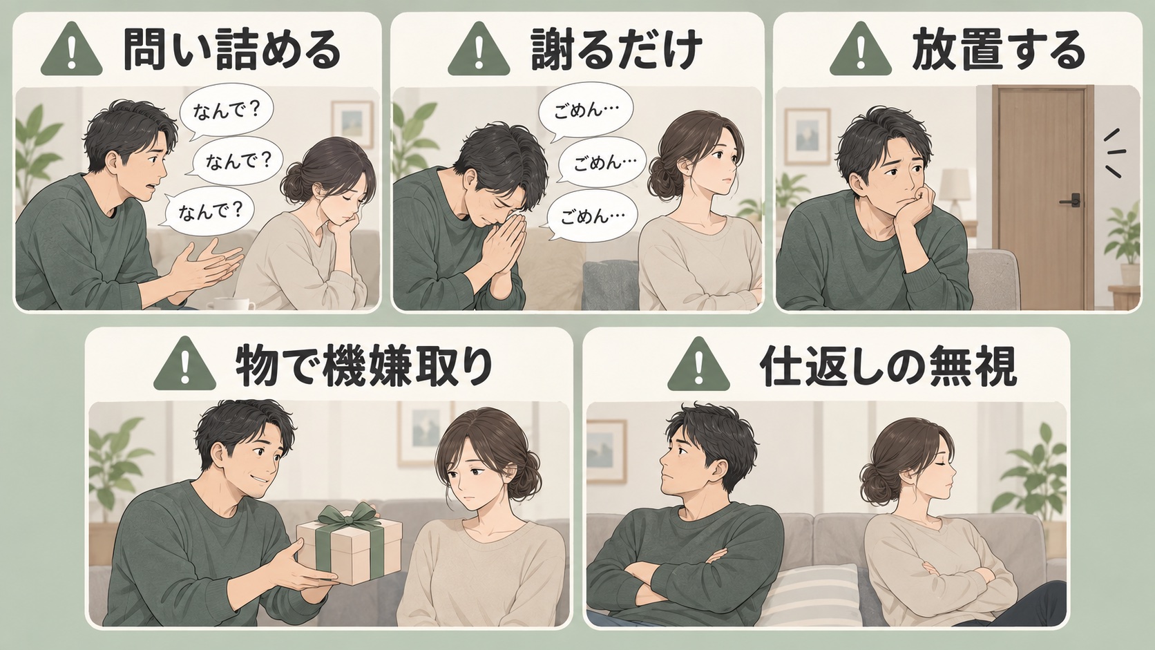 避けたい対応:問い詰める、謝るだけ、放置する、物で機嫌取り、仕返しの無視
