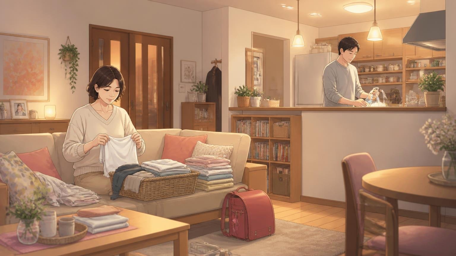 夕方のリビングで別々に家事をする40代の夫婦のイラスト