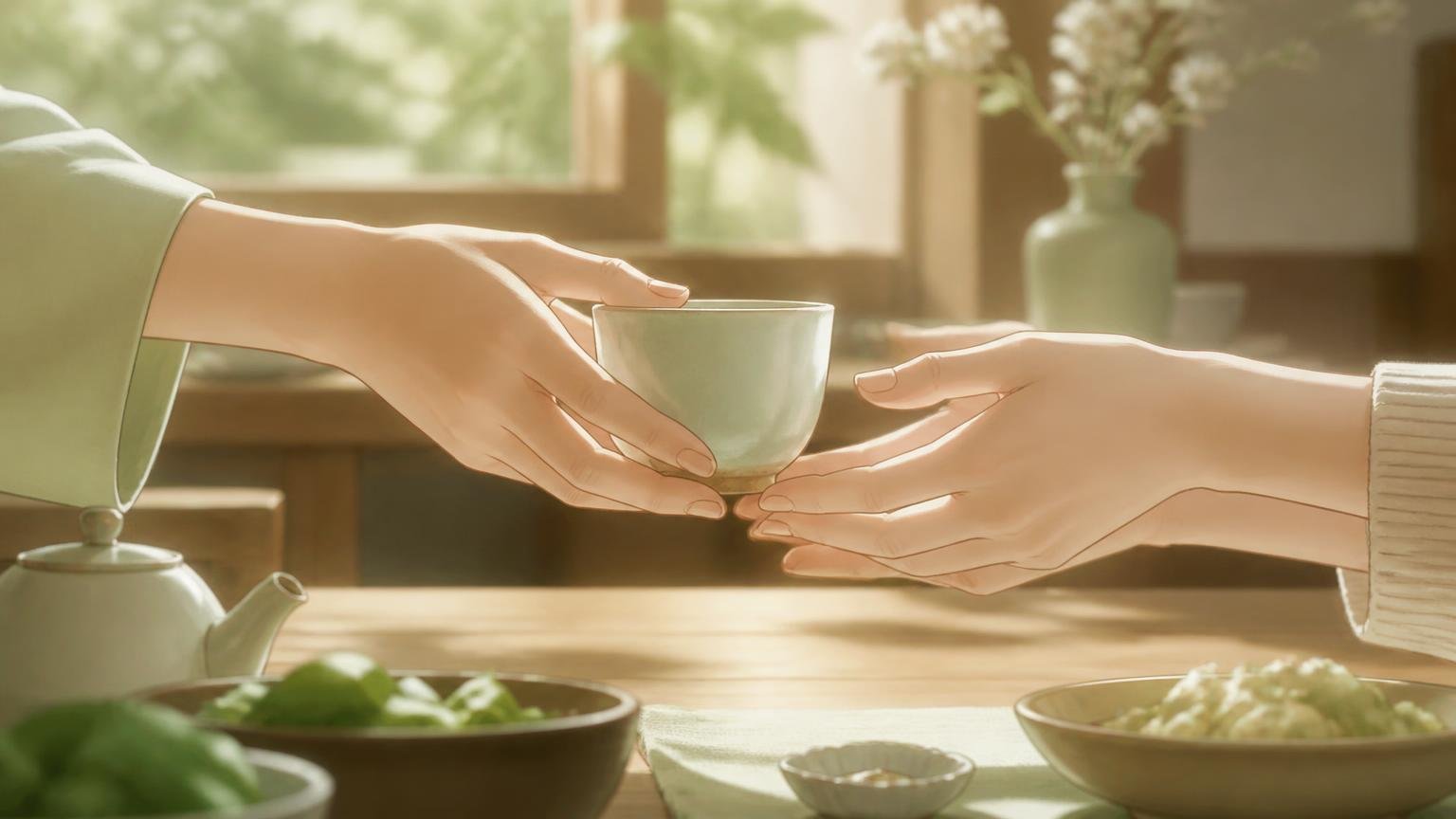 湯呑みを手渡す手と受け取る手が近づくイラスト