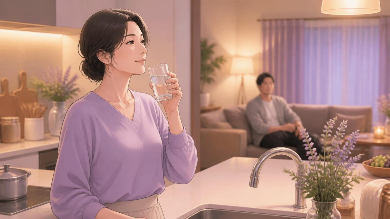 キッチンで水を飲んでひと息つく女性と、奥のソファに座る夫のイラスト
