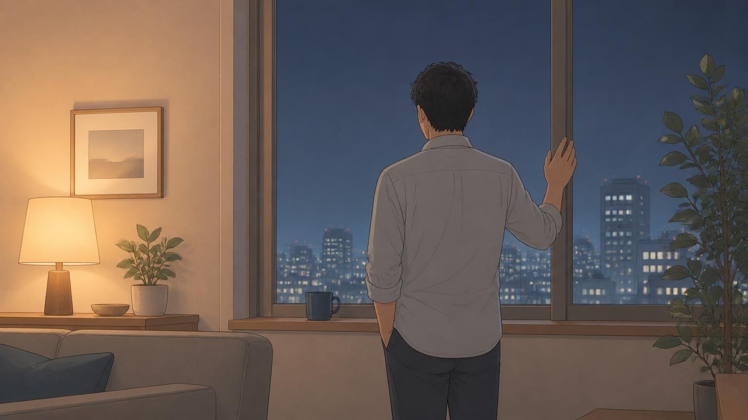 夜の窓辺で外を眺めながら過去を振り返る既婚男性の後ろ姿のイラスト
