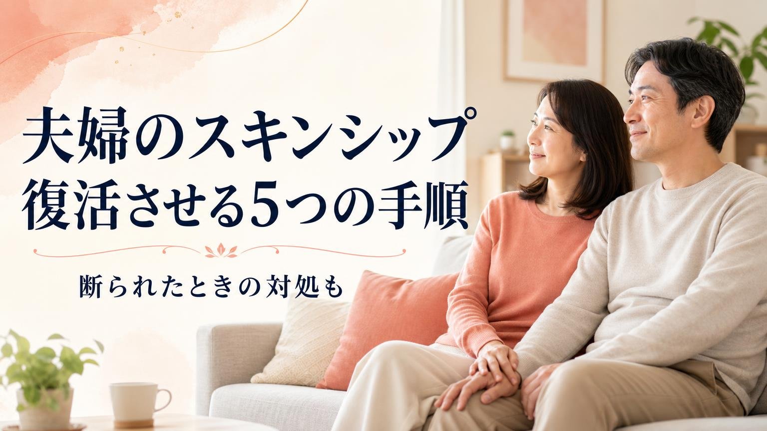 ソファで並んで座る40代の夫婦と、夫婦のスキンシップを復活させる5つの手順の文字