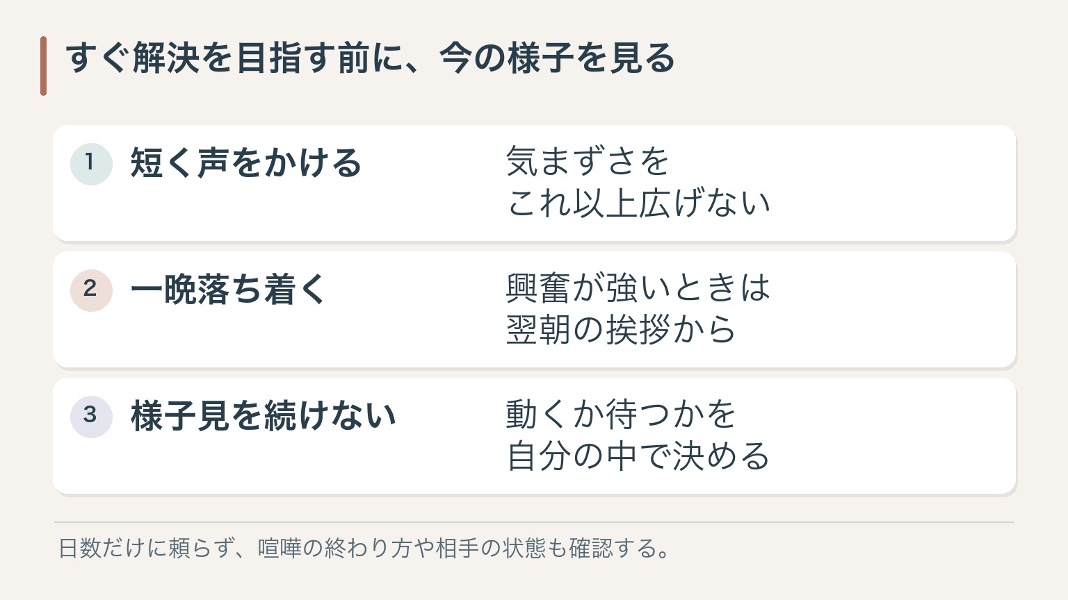 すぐ解決を目指す前に、今の様子を見る。短く声をかける：気まずさをこれ以上広げない。一晩落ち着く：興奮が強いときは翌朝の挨拶から。様子見を続けない：動くか待つかを自分の中で決める