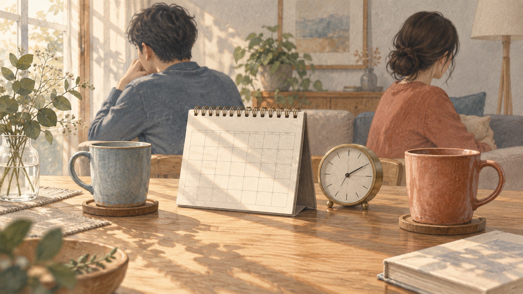 会話が途絶えた夫婦と、時間の経過を表すカレンダーと時計のイラスト