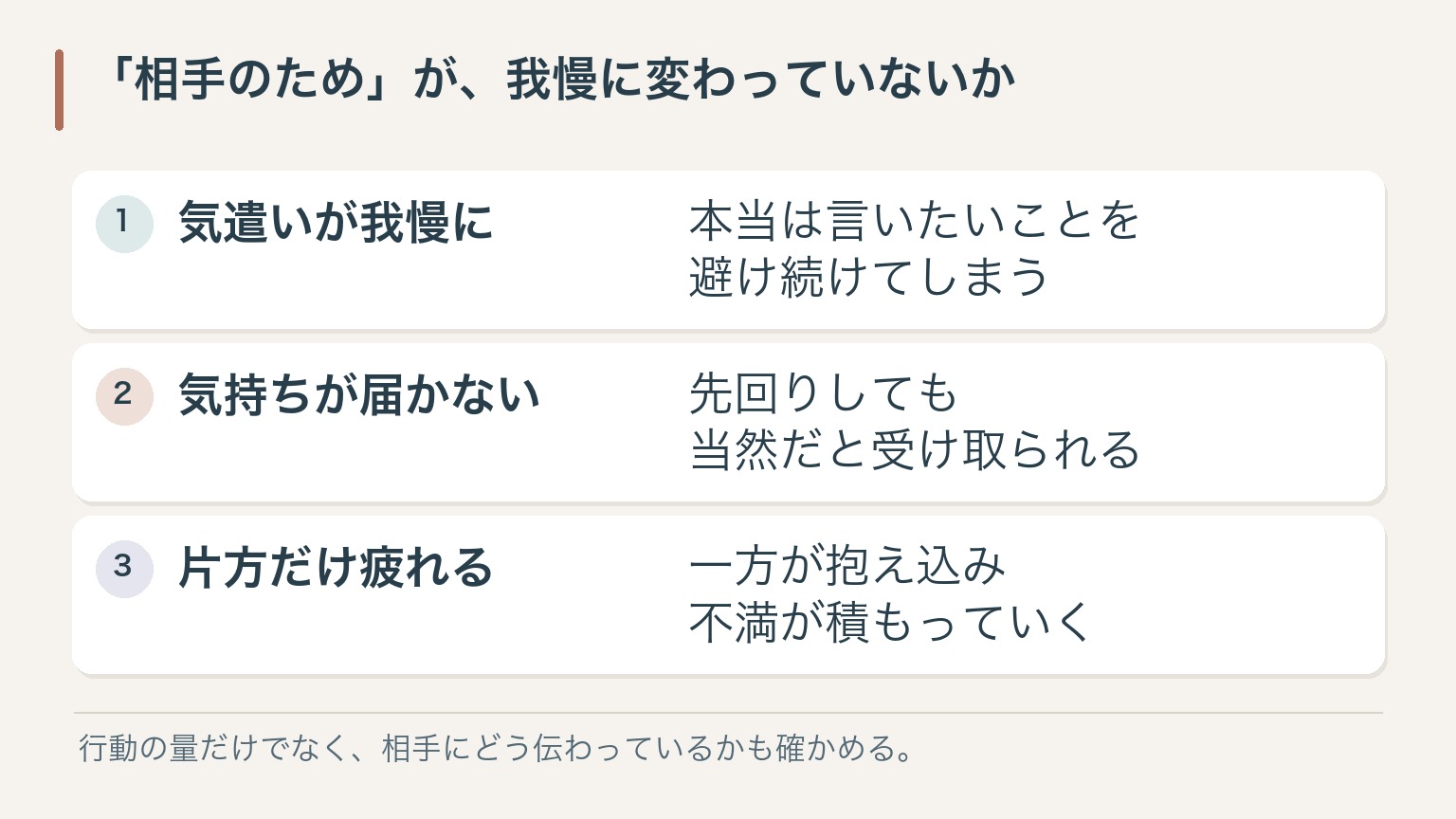 「相手のため」が、我慢に変わっていないか。気遣いが我慢に：本当は言いたいことを避け続けてしまう。気持ちが届かない：先回りしても当然だと受け取られる。片方だけ疲れる：一方が抱え込み不満が積もっていく