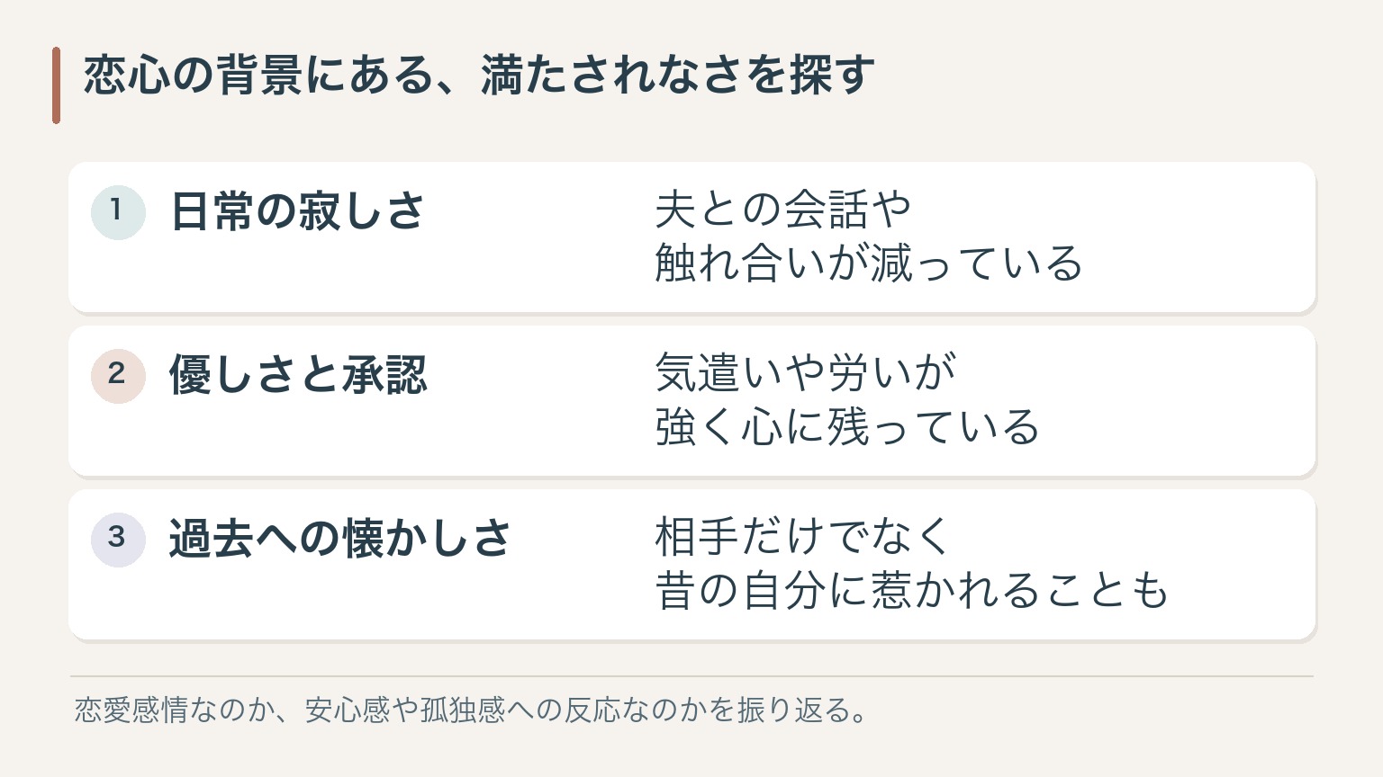 恋心の背景にある、満たされなさを探す。日常の寂しさ:夫との会話や触れ合いが減っている。優しさと承認:気遣いや労いが強く心に残っている。過去への懐かしさ:相手だけでなく昔の自分に惹かれることも