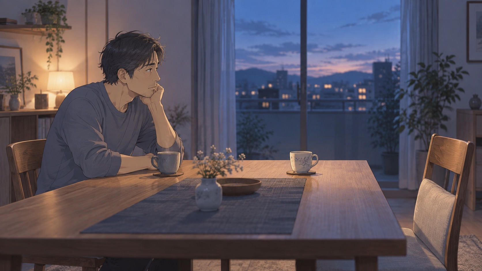 静かな家で空いた向かいの席を見つめ、夫婦のすれ違いを振り返る男性のイメージイラスト
