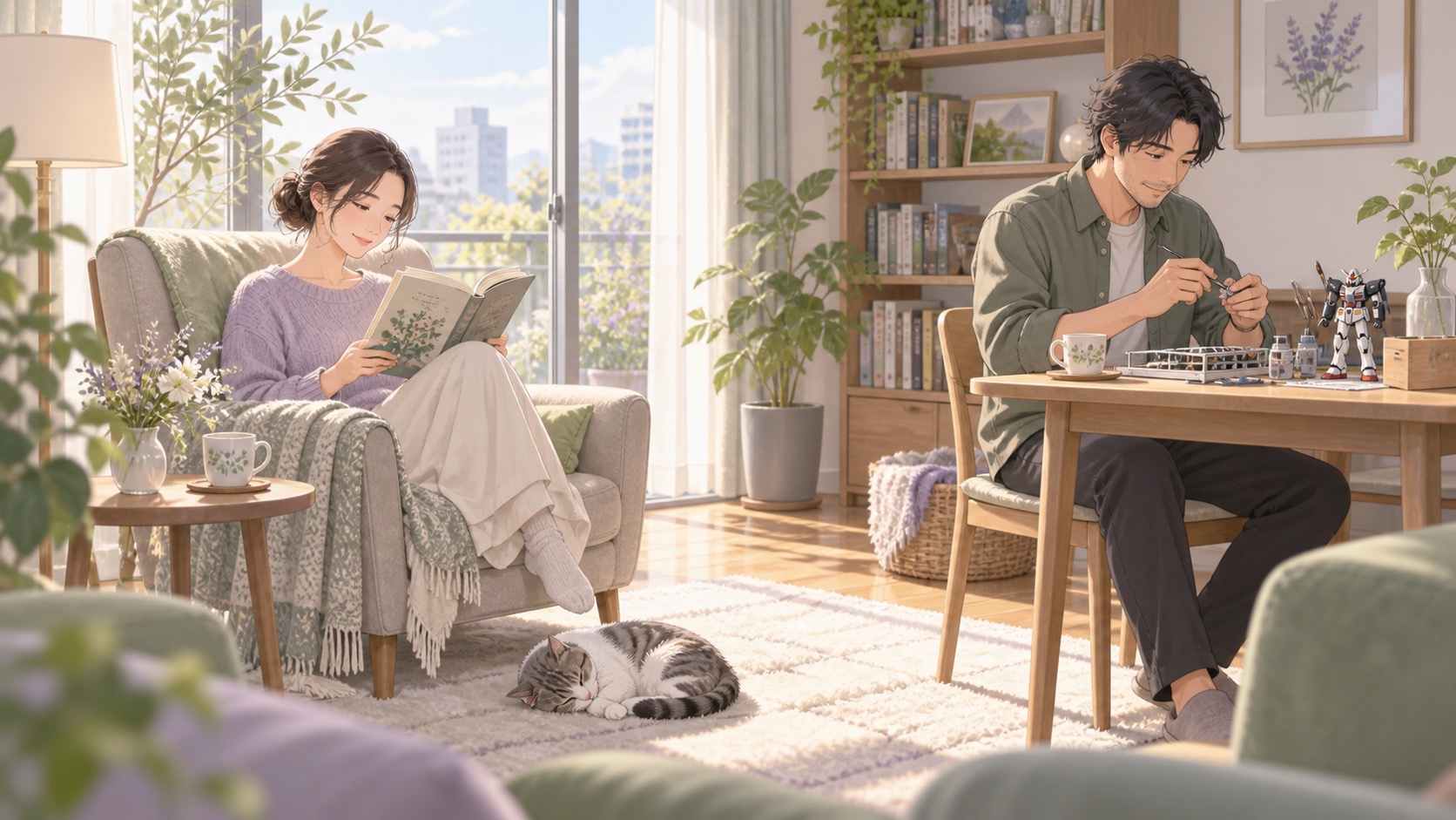 同じ部屋でそれぞれの趣味を楽しみ、無理に会話を合わせず穏やかに過ごす夫婦のイラスト