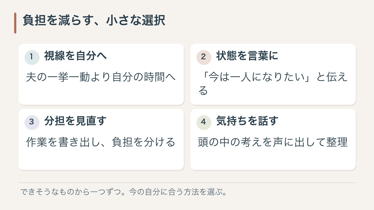 負担を減らす、小さな選択。視線を自分へ：夫の一挙一動より自分の時間へ。状態を言葉に：「今は一人になりたい」と伝える。分担を見直す：作業を書き出し、負担を分ける。気持ちを話す：頭の中の考えを声に出して整理