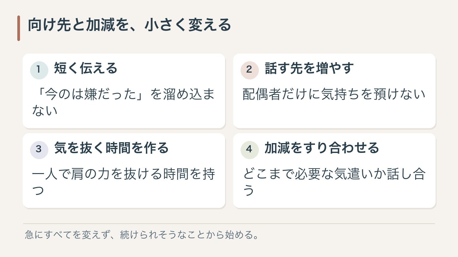 向け先と加減を、小さく変える。短く伝える：「今のは嫌だった」を溜め込まない。話す先を増やす：配偶者だけに気持ちを預けない。気を抜く時間を作る：一人で肩の力を抜ける時間を持つ。加減をすり合わせる：どこまで必要な気遣いか話し合う