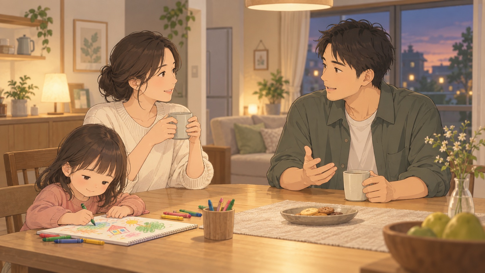 穏やかに会話する両親と、そばで安心して絵を描く子どものイラスト