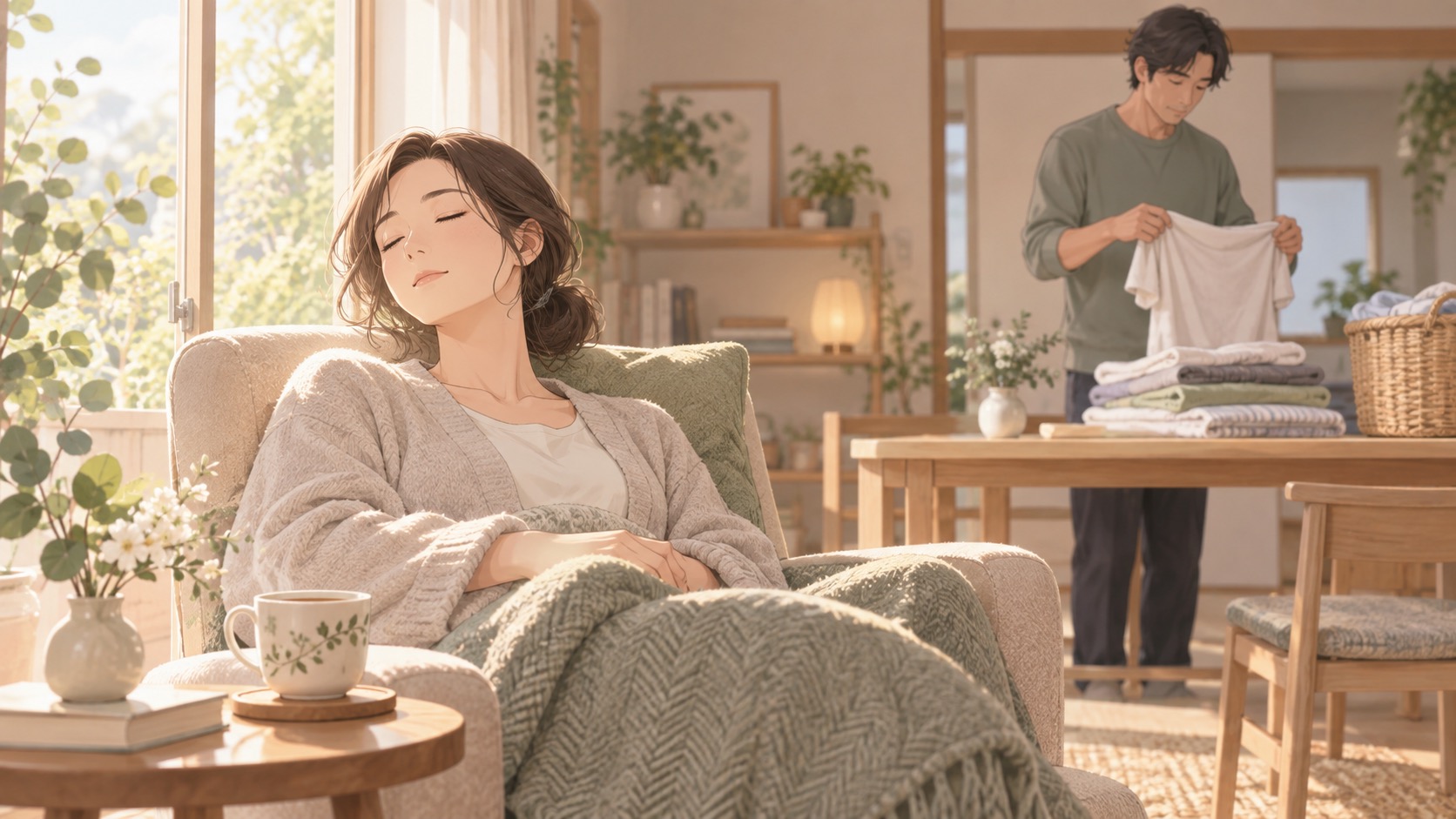 妻が窓辺で休む間、夫が離れた場所で洗濯物を畳み、静かな時間を尊重するイメージイラスト