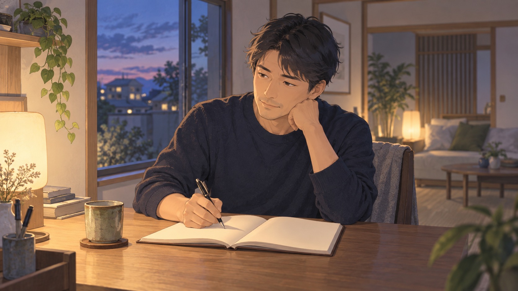 自分の気持ちを振り返り、窓辺で静かにノートへ書き出す男性のイメージイラスト