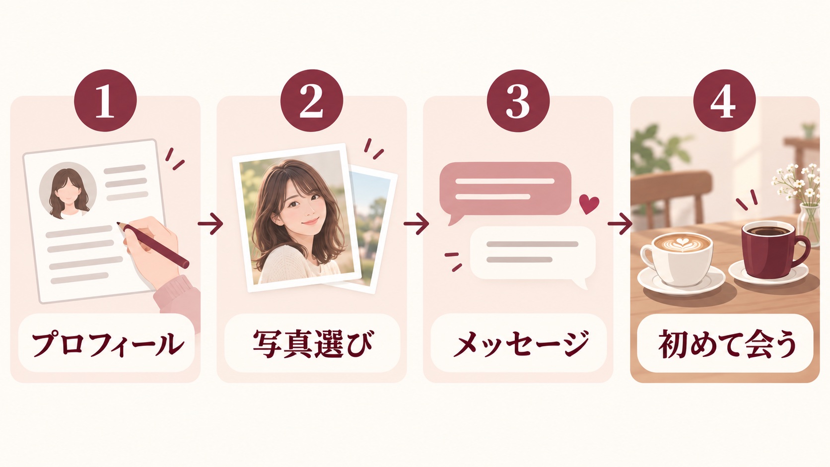 出会うまでの4ステップ:プロフィール、写真選び、メッセージ、初めて会う