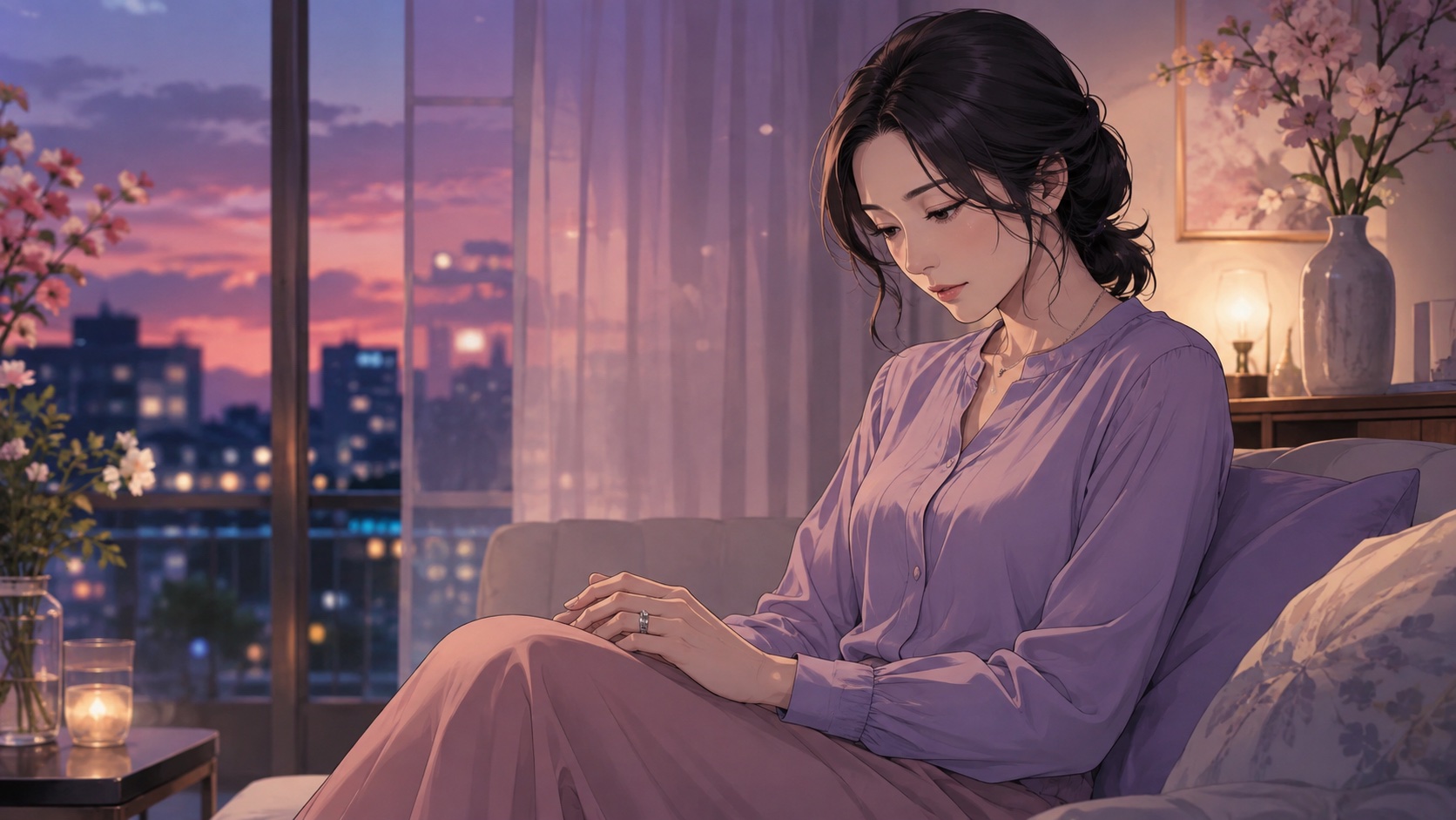 窓辺で結婚指輪を見つめ、自分の気持ちを考える女性のイラスト