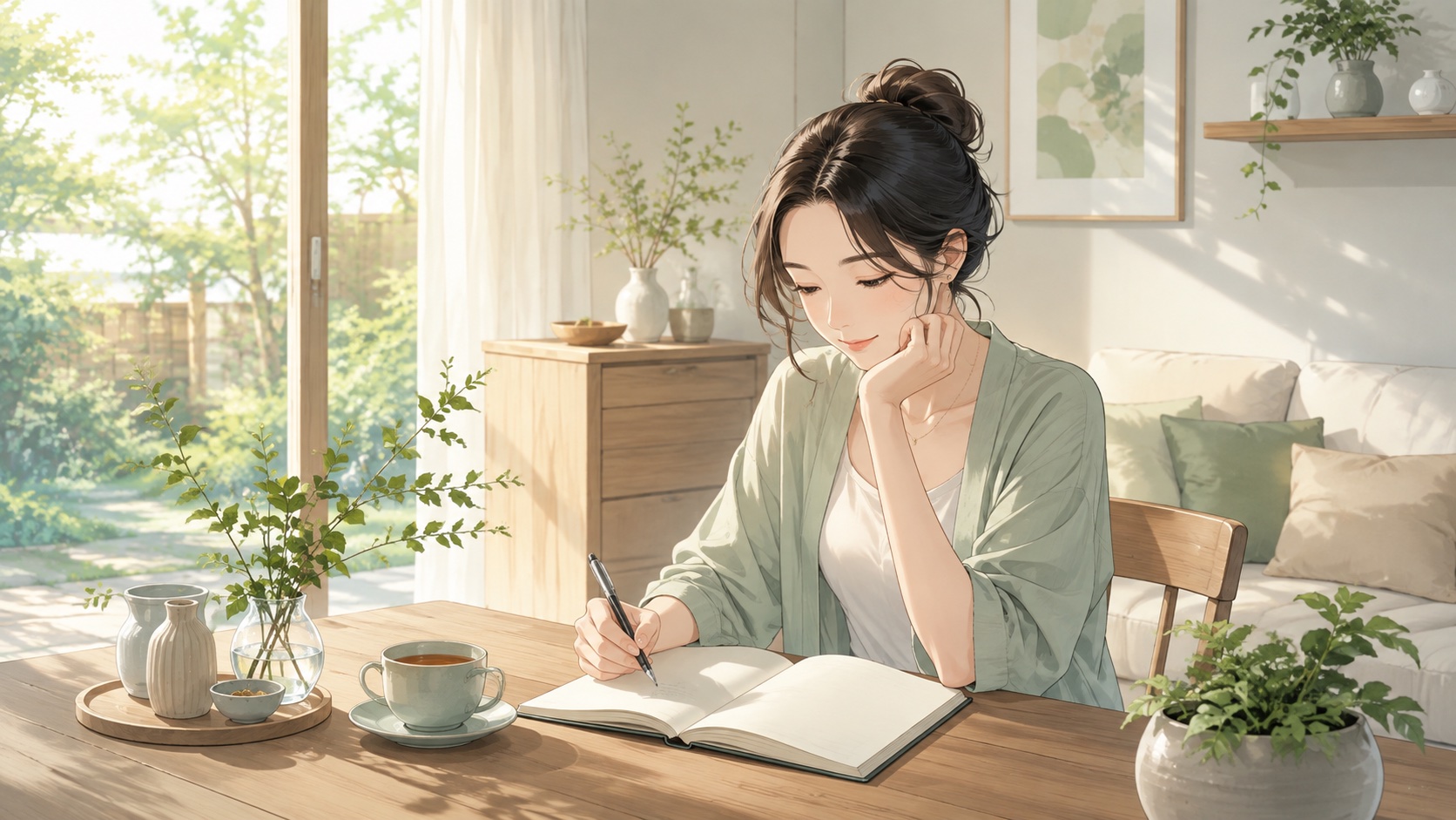 ノートに気持ちを書き出して整理する女性のイラスト