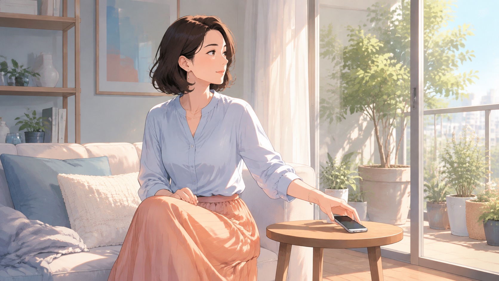 スマートフォンを置き、連絡から距離をとる女性のイラスト