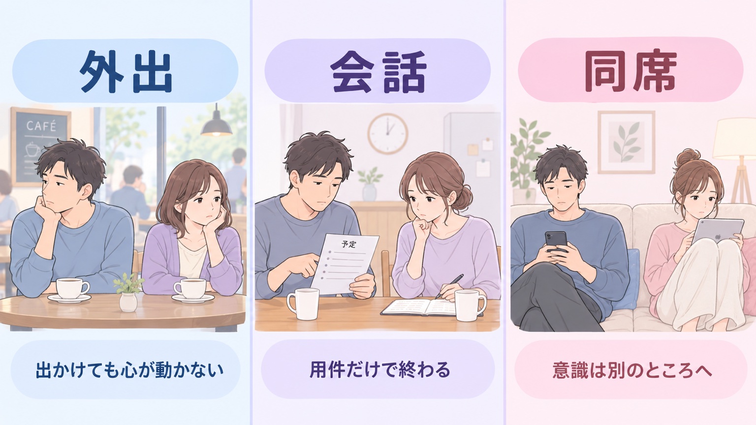 外出しても心が動かない、用件だけの会話、同席しても意識が別々になる3つの場面