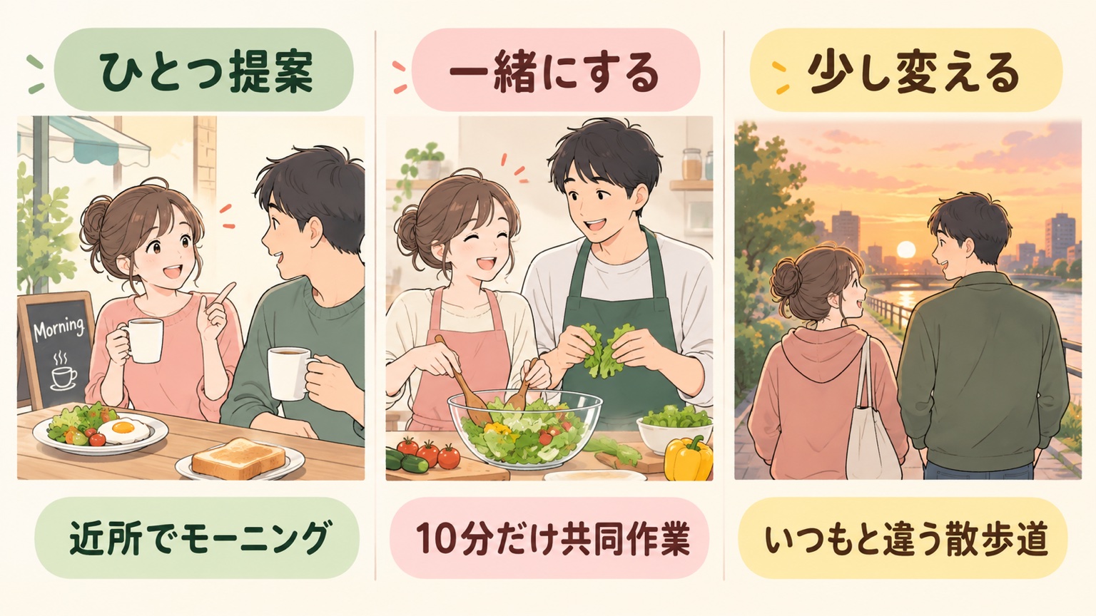 近所でモーニング、10分の共同作業、いつもと違う散歩道という過ごし方の工夫