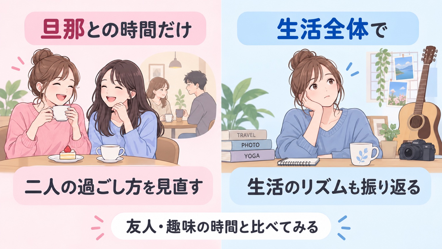 友人や趣味の時間と比較して、夫婦の過ごし方と生活全体のリズムを振り返る図