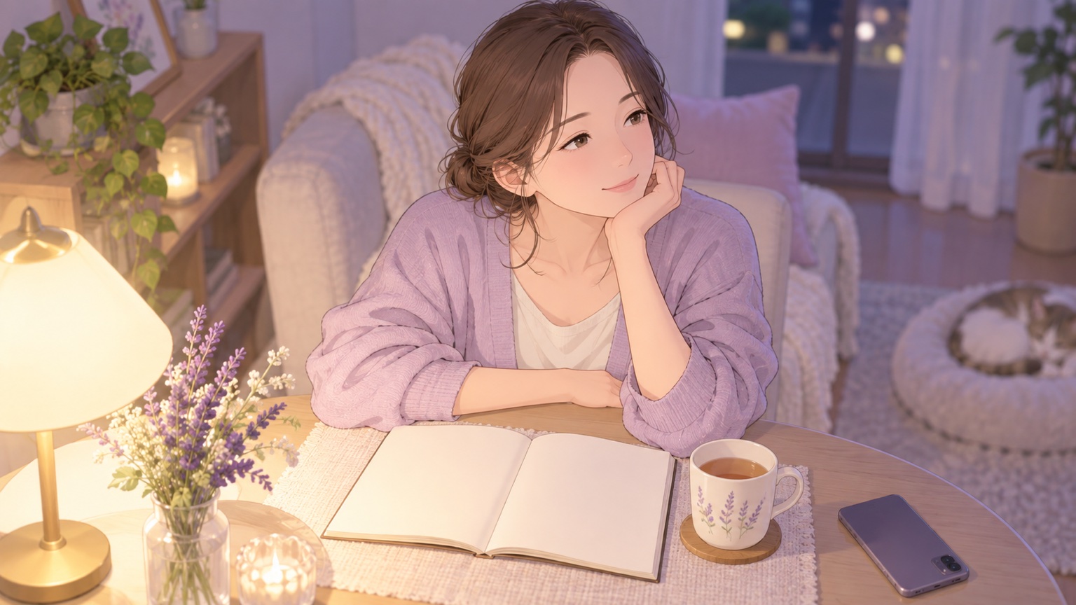 お茶とノートを前に、自分の気持ちを整理する女性のイラスト