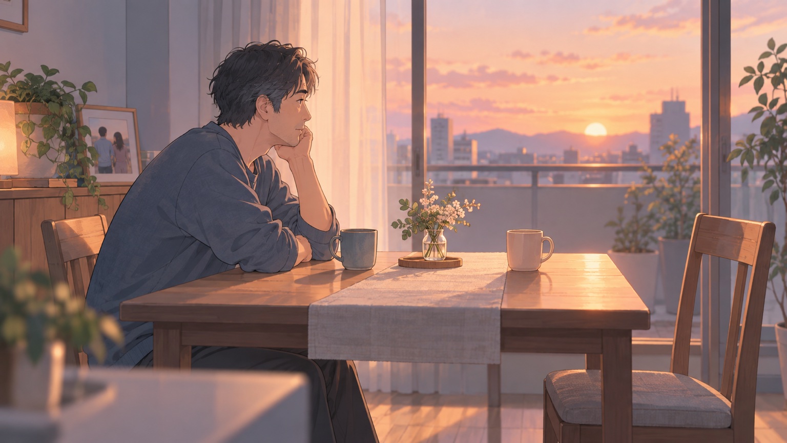 二つのマグカップを前に、夫婦で過ごした時間を振り返る男性のイラスト