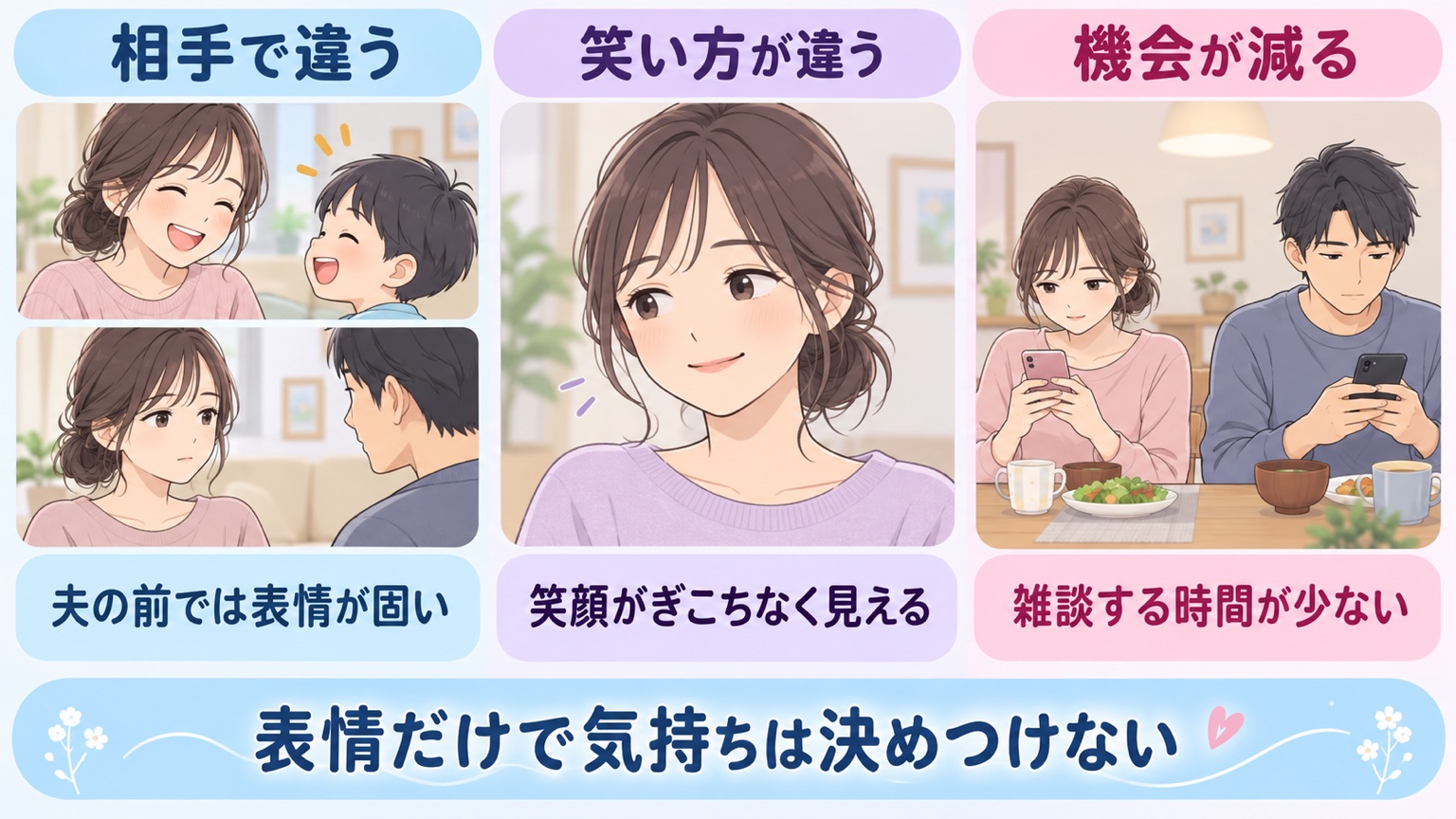 相手による表情の違い、ぎこちない笑顔、雑談の減少という3つの場面