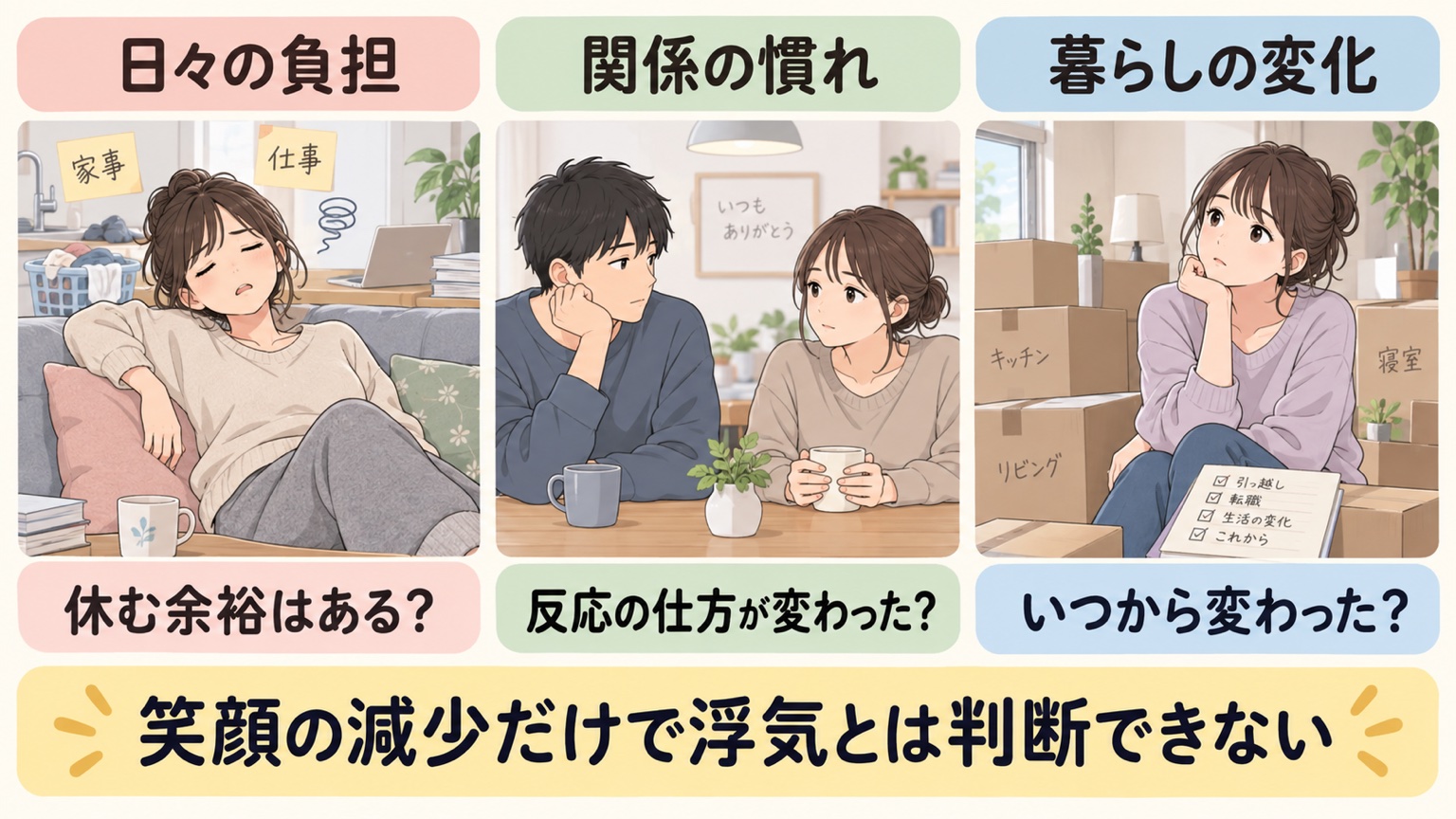 日々の負担、関係の慣れ、暮らしの変化を確認し、笑顔だけで浮気と判断しないための図