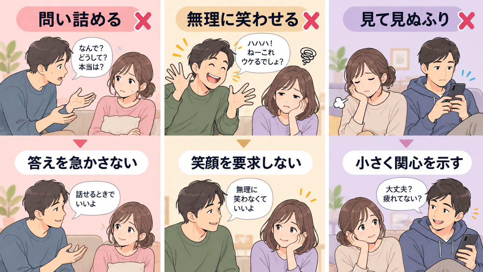 問い詰める、無理に笑わせる、見て見ぬふりをするという3つのNG行動