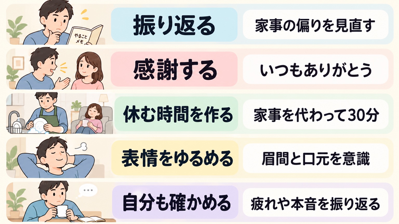言動の振り返り、感謝、休む時間、表情、自分の状態確認という夫にできる5つの行動