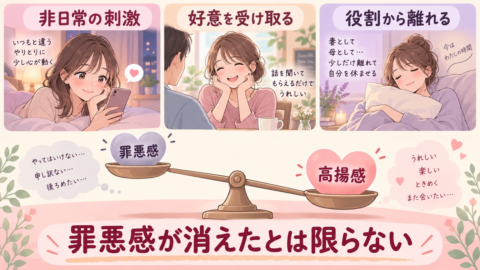 非日常の刺激、好意、役割から離れる時間によって高揚感が罪悪感を上回る心理の概念図