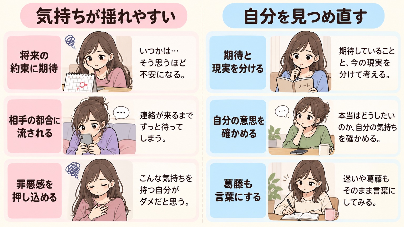 将来への期待、主体性、罪悪感の扱い方を振り返るための比較図