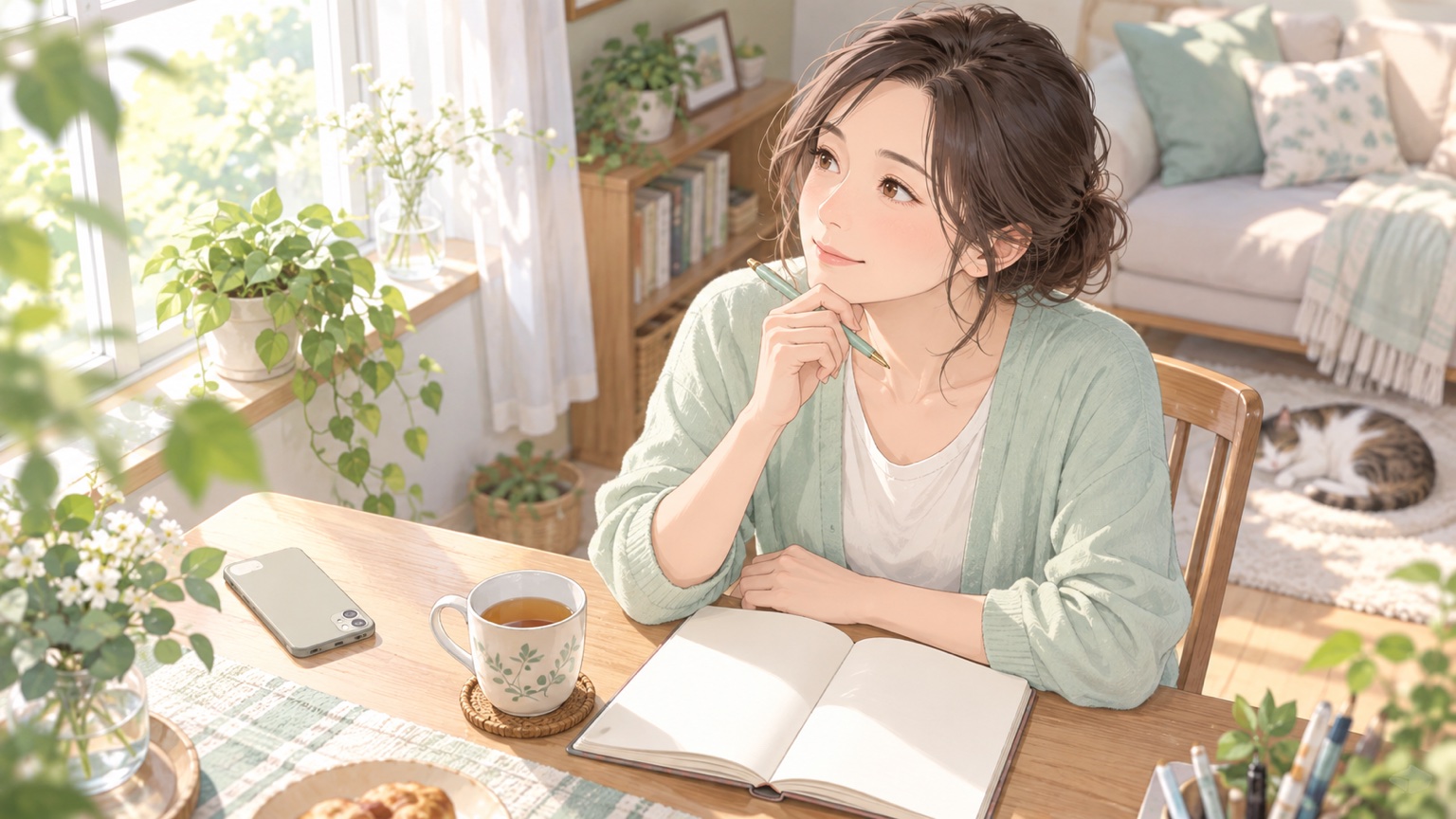 自分が幸せを感じる理由をノートで整理する女性のイラスト