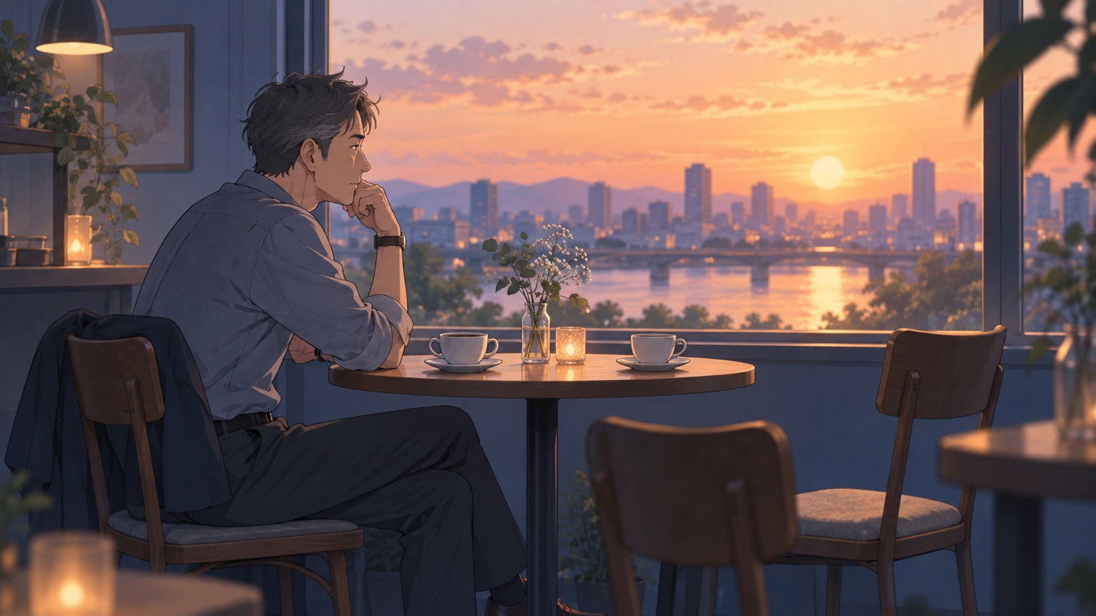 安らぎと葛藤が入り交じった過去の気持ちを振り返る男性のイラスト