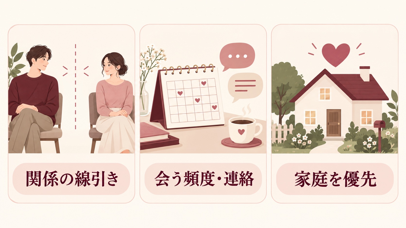 関係を続ける3つのルール:関係の線引き、会う頻度・連絡、家庭を優先