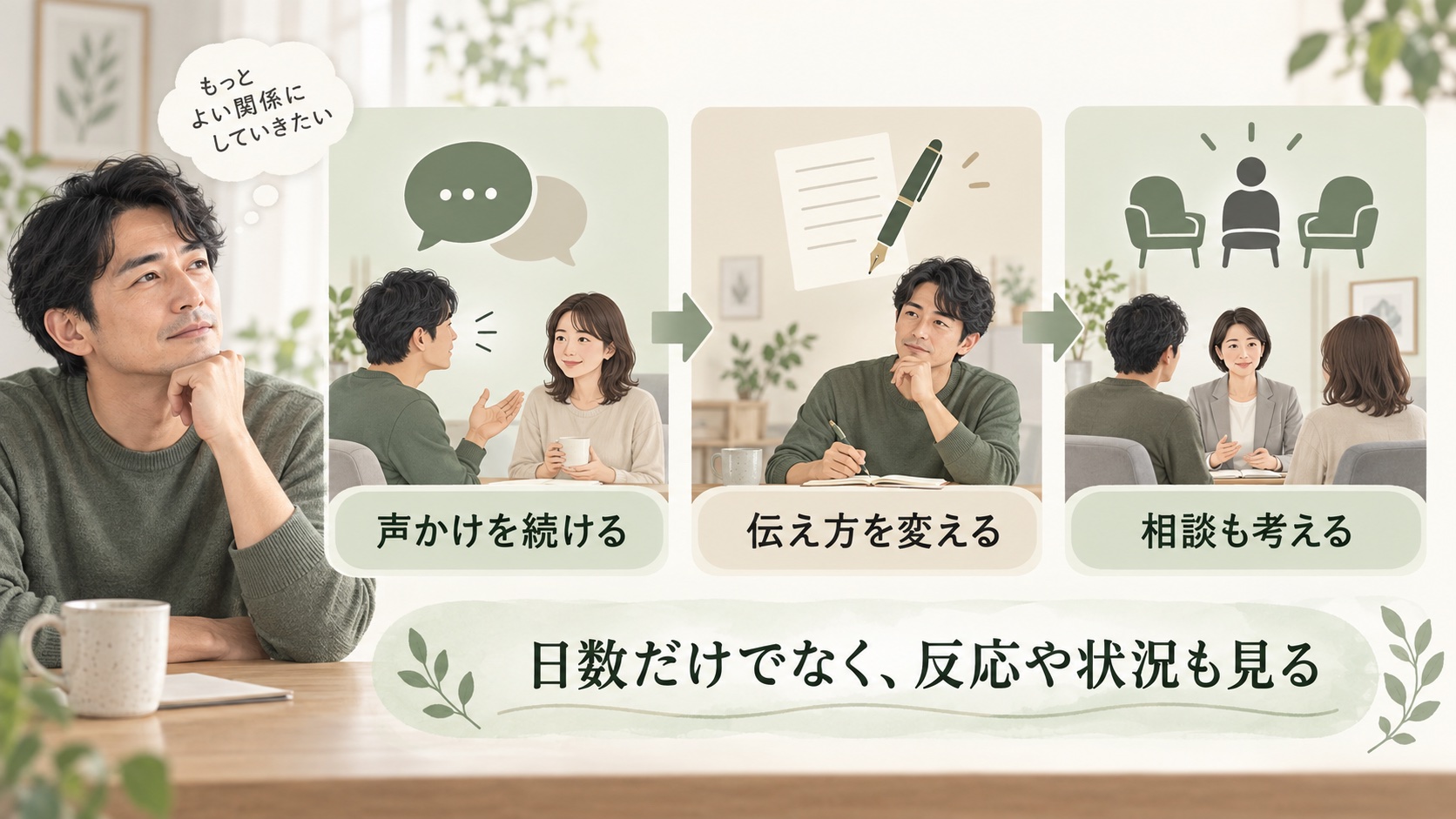 沈黙が続く間の対応を見直す流れ:声かけを続ける、伝え方を変える、相談も考える