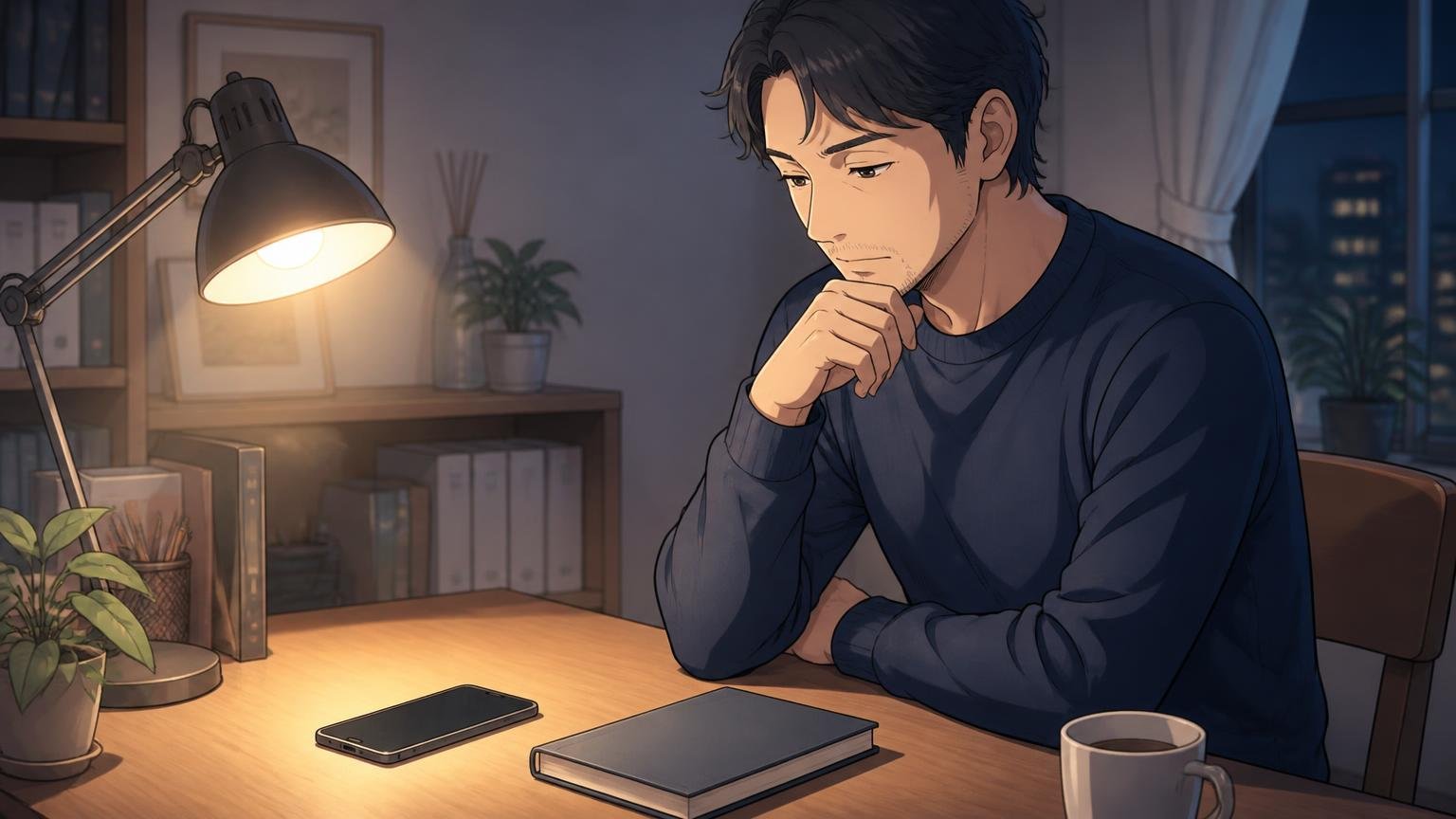 デスクでスマートフォンとノートを並べて落ち着いて見比べる40代男性のイラスト