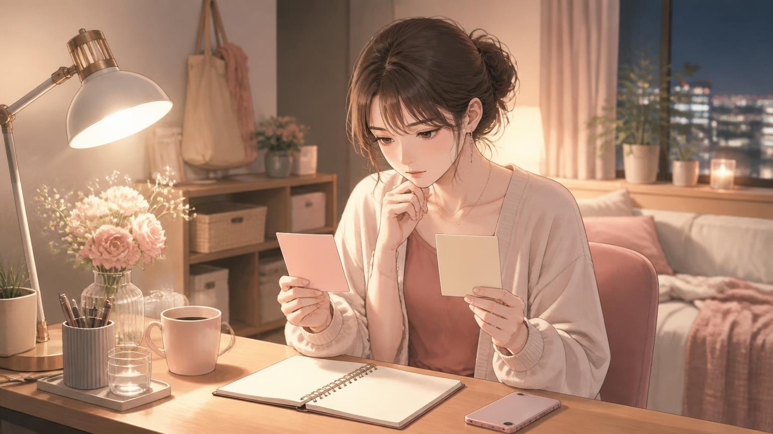スマートフォンを置いてノートに書き出して見比べる20代女性のイラスト