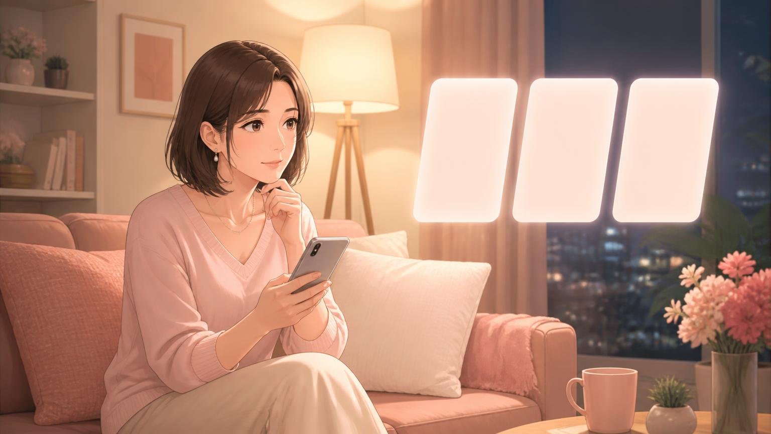 ソファでスマートフォンを見ながら3つの選択肢を見比べる女性のイラスト