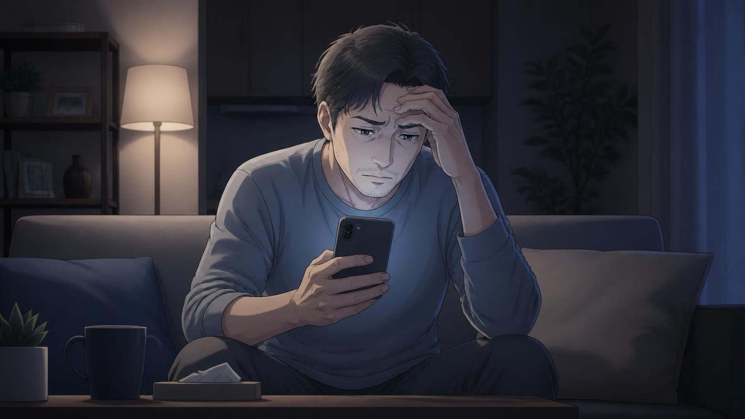 ソファでスマートフォンを見ながら眉をひそめる40代男性のイラスト